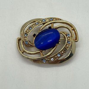 Vintage Signed AAi Gold Tone & Rhinestone Blue Cabochon Brooch Pin